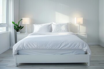 Modern Bedroom With White Linen and Natural Light in the Morning