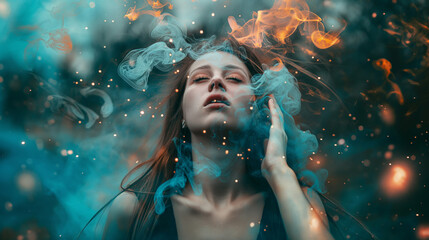 Portrait of woman eye closed in colorful smoke female Caucasian long hair - Powered by Adobe