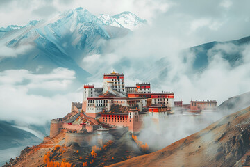 Beautiful Tibet landscape with a temple