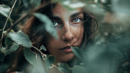 Young woman face surrounded with green leaves in natural forest look at camera female Caucasian long hair close up shot