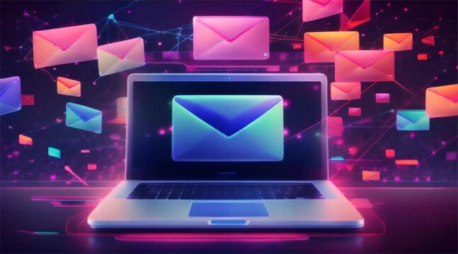 Laptop with email icon on screen and floating colorful envelopes on dark background. Digital communication concept for design and print. Graphic illustration with neon glow and network lines