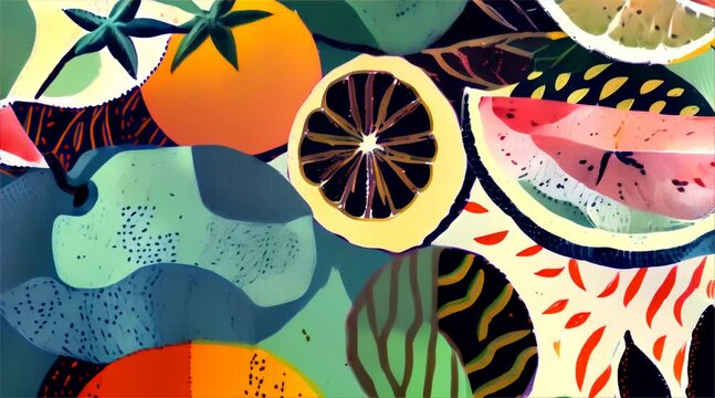 Assorted fruits illustration featuring orange, lemon, watermelon, and apple. Modern digital art style with pattern details. Healthy eating and vegan diet concept. 