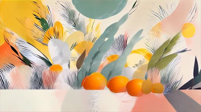 Assorted fruits and botanical elements illustration featuring apples, oranges, and abstract foliage. Modern digital art with pastel textures and geometric shapes. Freshness and nature concept.