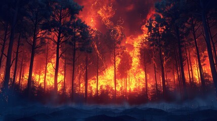 Climate Change: A 3D vector illustration of a forest on fire