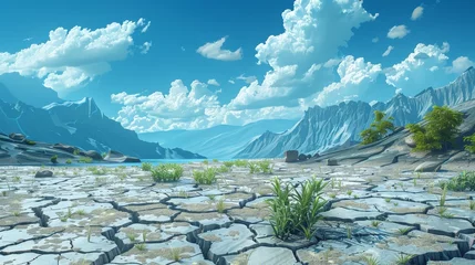 Rolgordijnen Climate Change: A 3D vector illustration of a drought-stricken landscape with cracked earth and wilted plants © MAY