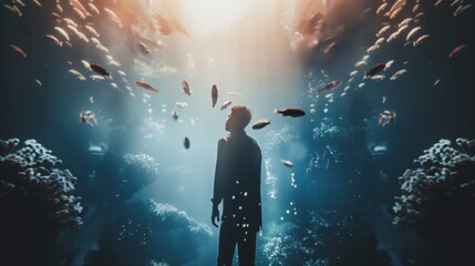 Man stands in front of big aquarium full of fishes and marine life