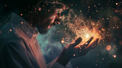 Man praying hands open prayer growing smoke orb out from hands in a dark place middle east male in...