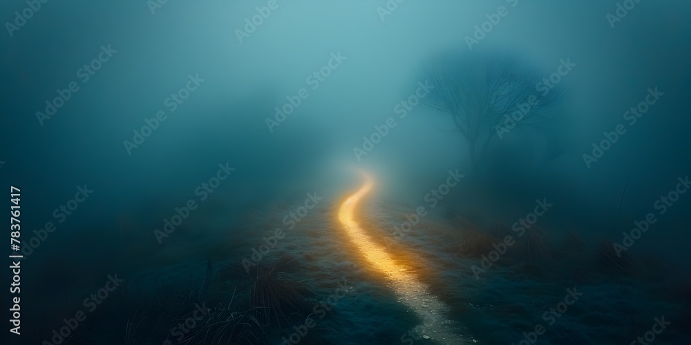 Poster pathway of light leading through enchanting fog inviting viewer into an intriguing journey of discov