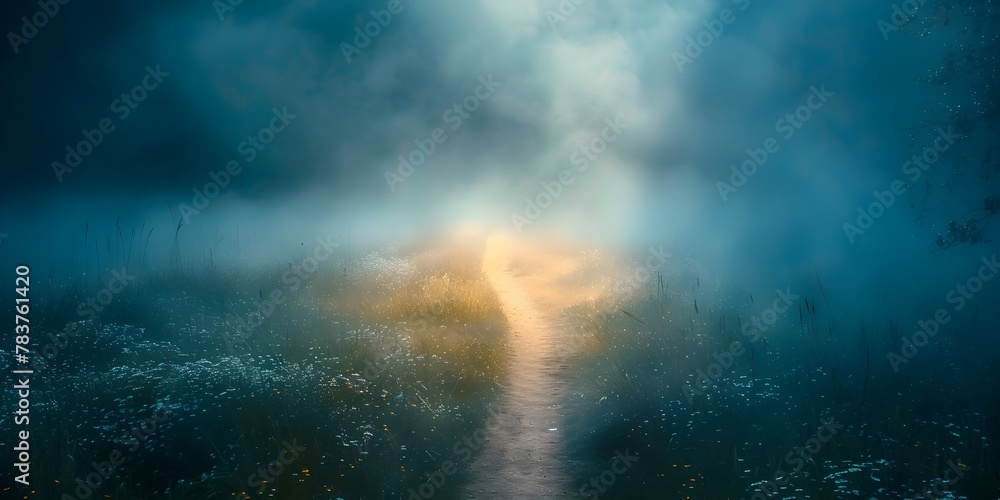 Poster a luminous pathway leading through the ethereal mist inviting an unknown journey of discovery and