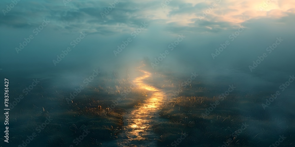 Poster a luminous pathway beckoning through the ethereal veil of fog inviting an enchanting journey into th