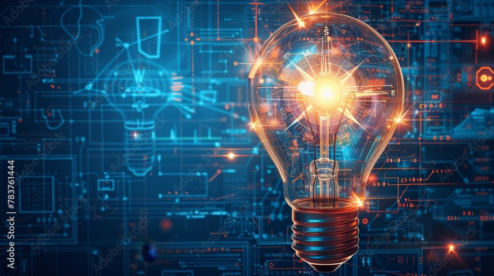 Wall mural creativity and design: a 3d vector illustration of a lightbulb with a compass and blueprint inside