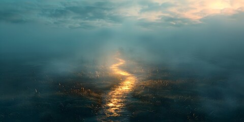 A Luminous Pathway Beckoning Through the Ethereal Veil of Fog Inviting an Enchanting Journey into the Unknown