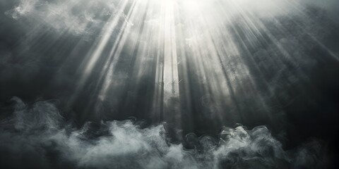 Dramatic Spotlight of Divine Radiance Piercing Through Ethereal Fog and Clouds in Awe Inspiring Landscape