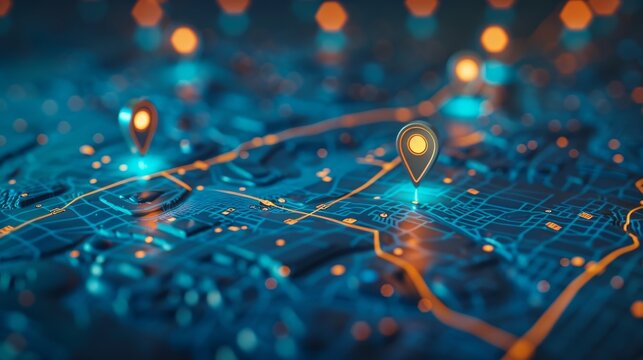 Customer Mapping: A 3D vector illustration of a digital map with pins