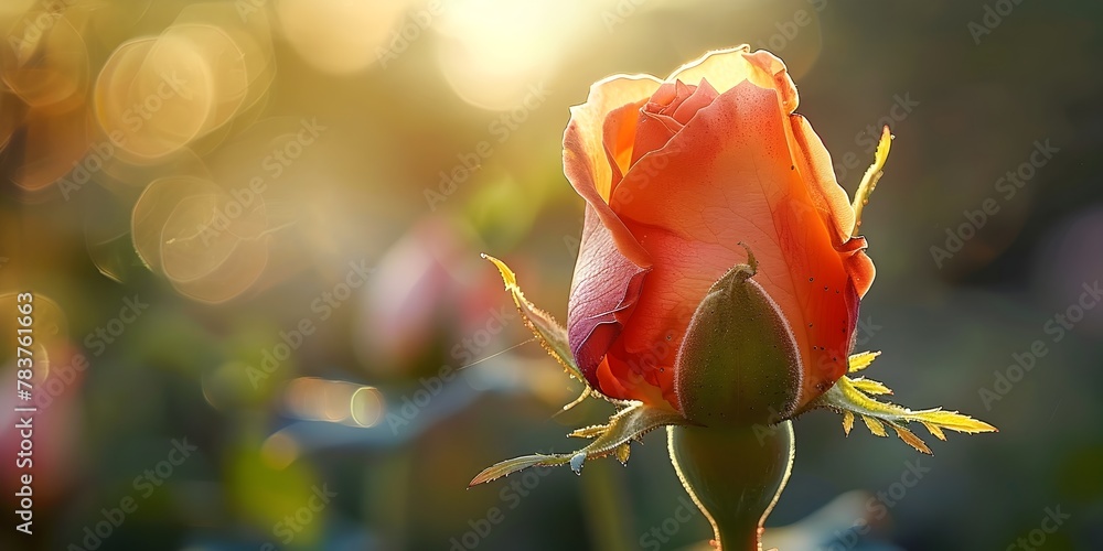 Wall mural budding rose petals unfurling in warm morning sunlight with copy space