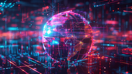 A computer generated image of a globe with a blue and pink background. The globe is surrounded by a network of lines and dots, giving it a futuristic and technological feel - obrazy, fototapety, plakaty
