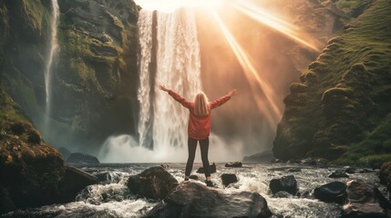 Woman stands on rocks in river open arms in front of big waterfall on high cliff