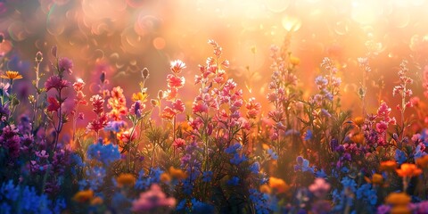 Vibrant Wildflowers Awakening to the Morning Sunlight in a Lush Meadow