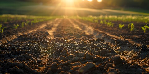 Freshly Planted Seedbed Illuminated by Morning Light Revealing Sprouting Vegetation in a Peaceful Rural Landscape - Powered by Adobe