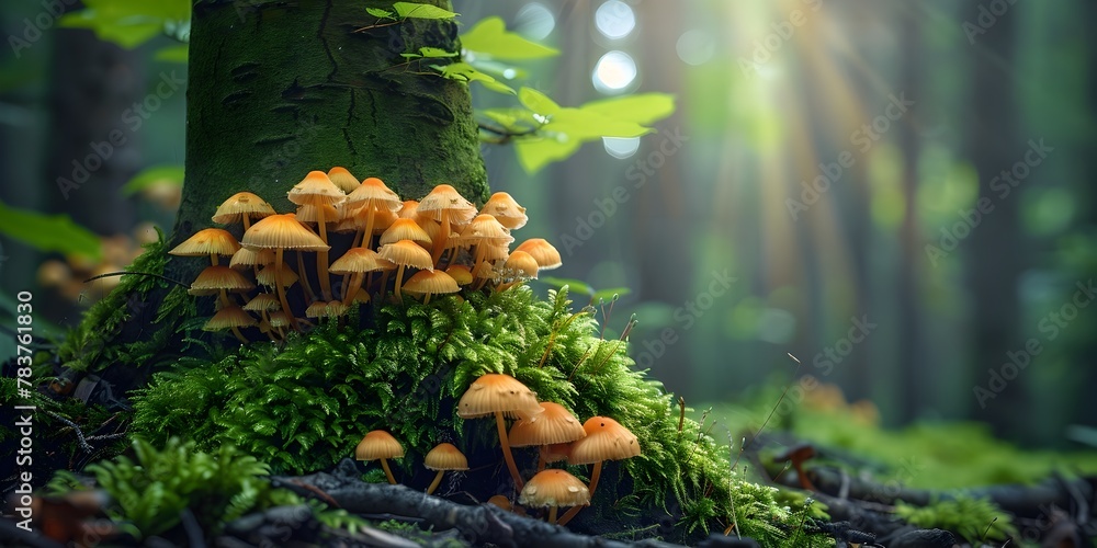 Poster a captivating cluster of mushrooms illuminated by a shaft of light at the base of a young tree showc
