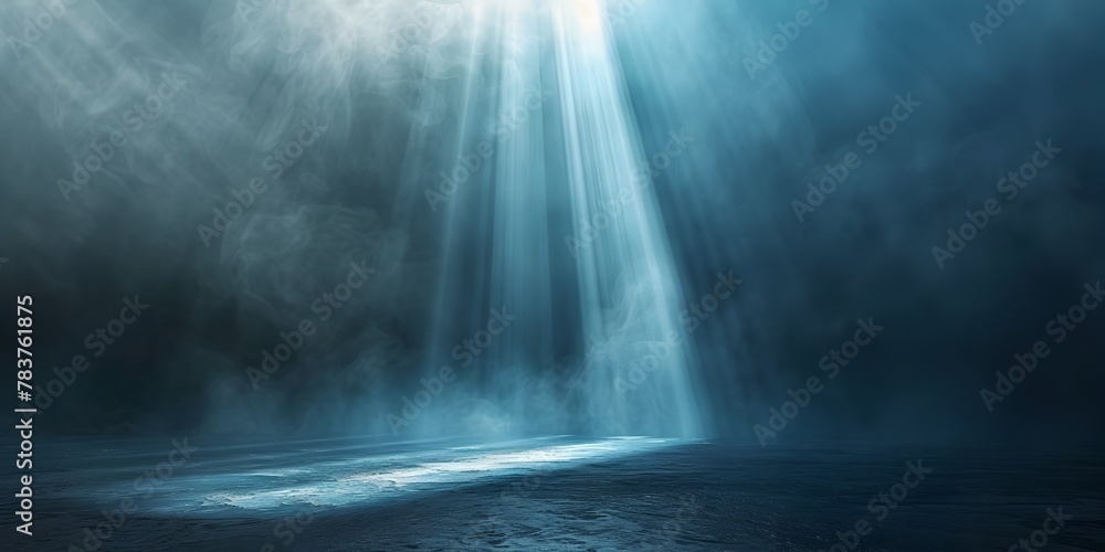 Wall mural Solitary Beam of Light Piercing Dense Fog Casting Ethereal Spotlight on Dark Floor with Copy Space