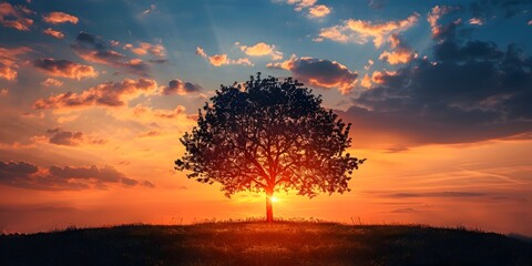 Silhouetted Tree at Sunrise or Sunset Symbolizing Growth and Potential
