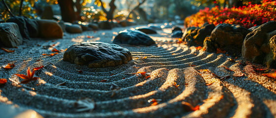 Sunrise Zen Garden with Rocks and Sand Patterns