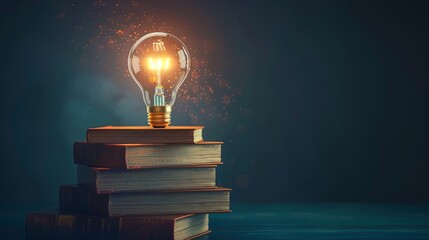 Education and Learning: A 3D vector illustration of a glowing lightbulb above a stack of books - obrazy, fototapety, plakaty