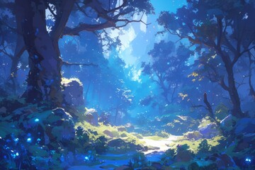 Fototapeta na wymiar Blue forest, illustration, wallpaper, art
