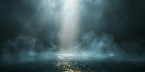 Solitary Beam of Light Piercing Through Dense Fog Creating a Spotlight on the Dark Floor