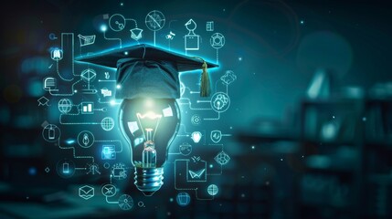 Education and Learning: A 3D vector illustration of a lightbulb with a graduation cap
