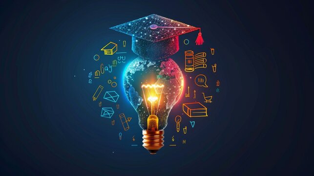 Education and Learning: A 3D vector illustration of a lightbulb with a graduation cap