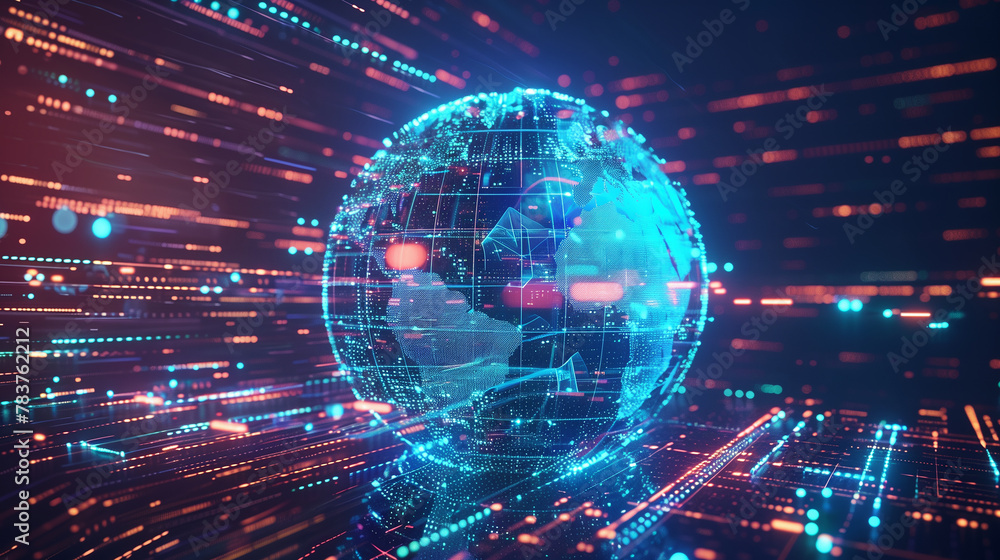 Poster a computer generated image of a globe with a blue and pink background. the globe is surrounded by a 