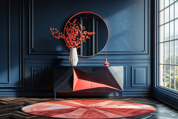 Design an AI-generated image of an avant-garde sideboard with unexpected angles and materials, placed against a backdrop of deep navy walls punctuated by pops of bright coral accents, exuding a sense 