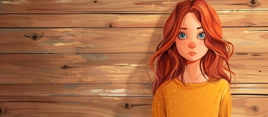 A young cartoon girl with red hair and blue eyes is standing in front of a wooden wall making a face with narrow eyes