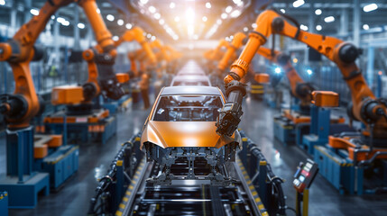 A car is being built in a factory with robotic arms. The car is orange and has a robotic arm attached to it. The scene is industrial and futuristic, with the orange car being the main focus - obrazy, fototapety, plakaty