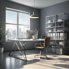 modern living room with furniture, modern office illustration in gray colors, a white table in the background, a window, a table, a person, a chair standing in the foreground, modern