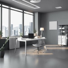 modern office illustration in gray colors, a white table in the background, a window, a table, a person, a chair standing in the foreground, modern