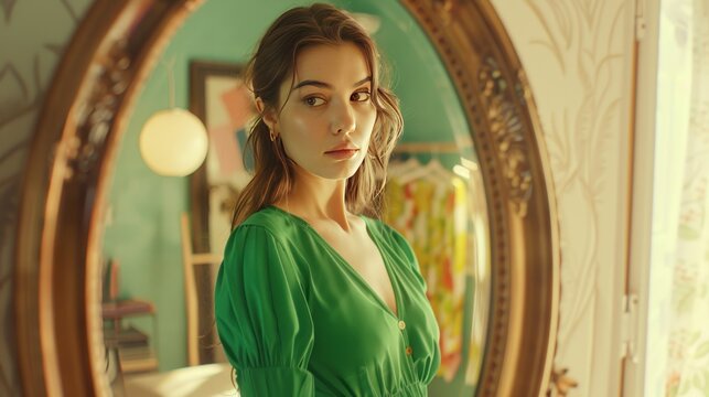 Young Pretty Woman In Green Dress Trying On Fashion Style Trend Dress Looking In Mirror At Home AI Generated