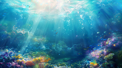 Lively underwater ecosystem with varied coral formations bathed in sunlight filtering through water