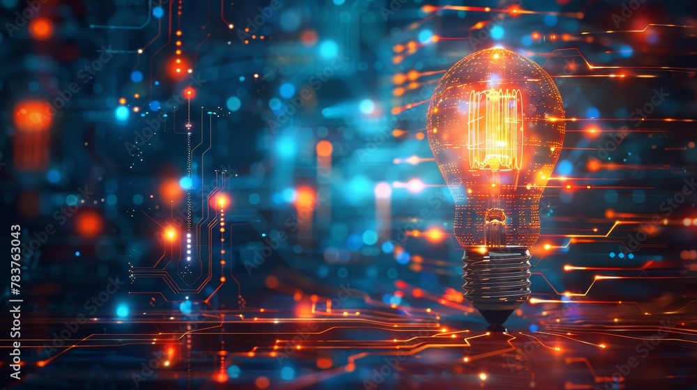 Poster technology and innovation: a 3d vector illustration of a glowing lightbulb surrounded by digital cir
