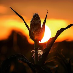A high contrast image of a corn cob silhouette against a setting sun, highlighting the simplicity of farm life.