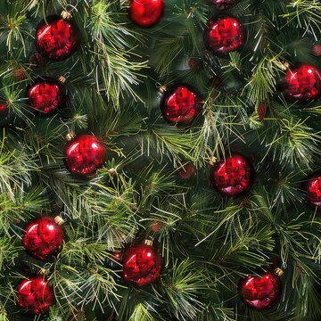 A festive holiday scene with green pine needles adorned with shiny red ornaments.
