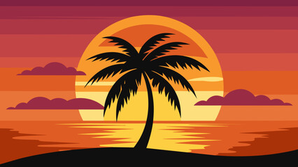 Fototapeta na wymiar palm-tree-sunrise--silhouette-vector