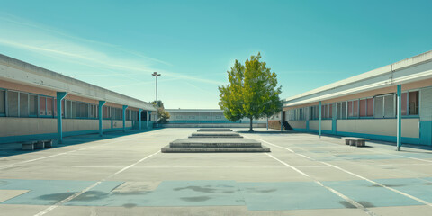 Empty minimal style schoolyard, nobody. Background for school website, school grounds landscaping for events.
