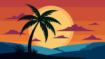Fototapeta na wymiar palm-tree-sunrise--silhouette-vector