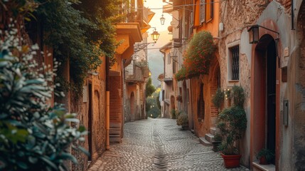 Quaint cobblestone street in an old Italian town adorned with plants and lanterns during golden hour