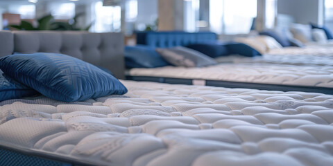 Mattress Store Assortment. White Mattresses exhibition, showroom, nobody. 