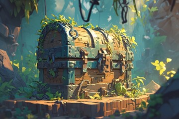 treasure chest, forest, illustration, art