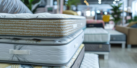 Mattress Store Assortment. Pile of Mattresses, exhibition, showroom, nobody. 